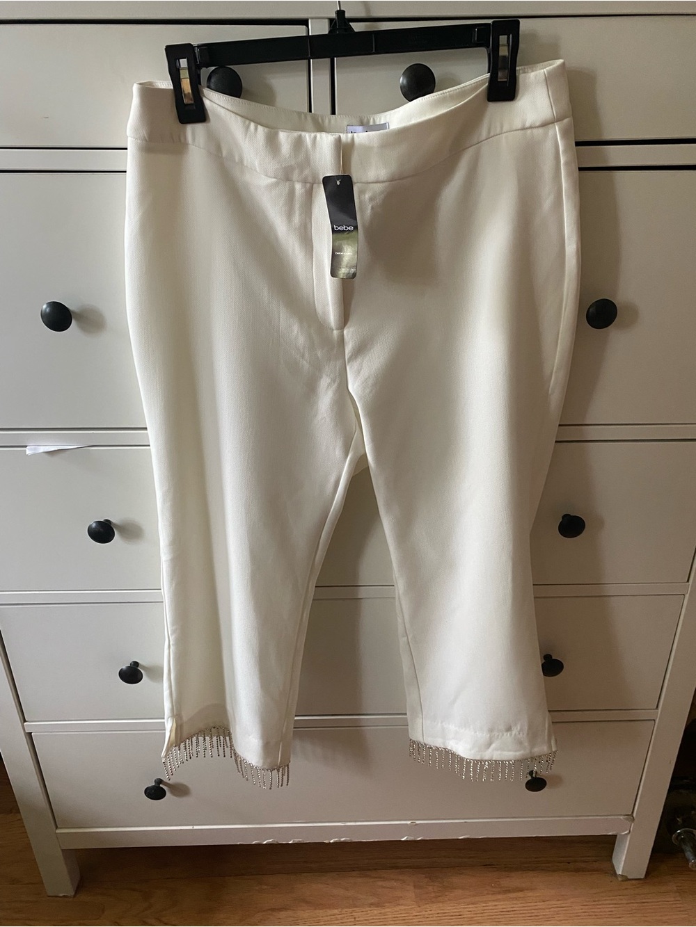 bebe Ivory Cropped Pants with Beaded Fringe